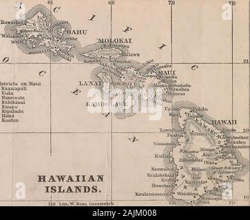 L'Hawaiian libro guida per viaggiatori : contenente una breve descrizione delle isole hawaiane, i loro porti, le risorse agricole, piantagioni, scenario, vulcani, clima, la popolazione e il commercio . HAWAIIANISLANDS. 158 lon.W; da GreeTrwlcJi. N. Latitudine e Longitudine W.. Osservatorio di Honolulu 21 ° 17! 56 157 ° 48? 30 Honolulu ancoraggio esterno 21 10, 5G 157 48 51 East Point di Oahu 21 2o| .. 157 31 .. Punto Nord dell Oalm 21 43 ,., 157 52 . Hilo 19 di ancoraggio 44i .. 155 03 .. (Waimea Kauai) di ancoraggio .21 57j .. 159 42 N. Latitude. V. la longitudine. Kawaihae ancoraggio. Punto sud delle Hawaii Nord Foto Stock