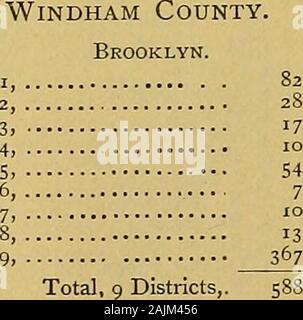 Documenti pubblici dello Stato del Connecticut . RlDGEFIELD. Io, Scozia, 3, calcare 4, Titicus, 5, West Mountain,. 6, centro 7, West Lane, S, Whipstick 9, pietra piatta 10, Branchville, 11, Florida, 12, Farmingville, 13, N. Ridgebury,... 14, S. Ridgebury, ... In totale, 10 distretti,. 300 totale, 13 distretti,. 429 Totale, 6 distretti,. 131 Stamford consolidato, 3,776 Totale, 1 distretto,.. 3,776 Stratford. In primo luogo, Putney, Oronoque, totale, 3 distretti,. 5°939 Trumbull.distretti. Enum. Tashua, lunga collina, - Chestnut Hill, White Plains, io ho.inirls Farm, Nichols Farm, totale, 6 distretti,. Weston. Medio, Fo Foto Stock