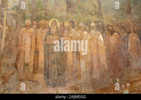 Kiev, Ucraina - 18 Maggio 2019: affresco - dipinti ad olio sulle pareti esterne che conducono alla Holy Gates di Kiev Pechersk Lavra. Trinità Chiesa di Gate (Santo Foto Stock