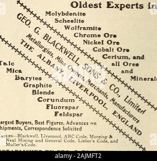 Canadian mining journal luglio-dicembre 1915 . , OTTAWA. H hfn Amuming AiU rrttirmrnt* ptrn.ir mrntxnn QAKUKAll inclinazione Jimunai minino. La Canadian MINING JOURNAL I VENDITORI E GLI ACQUIRENTI DI METALLI la consolidata Miningand Smelting Company of Canada, limitata uffici, fusione e raffinazione Dipartimento TRAIL, British Columbia le fonderie e le raffinerie acquirenti di tutte le classi di minerali. I produttori di oro e argento, BaseBullion, opaca di rame, filo di maiale,tubo di piombo, Bluestone andElectrolytic BearingMetal. Metallo cobalto anodi di cobalto Cobalto ossido OxideNickel sali di cobalto MetalPure Nichel Arsenico bianco Deloro M Foto Stock