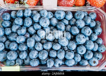 I mirtilli in plastica trasparente vassoio girato dal di sopra Foto Stock