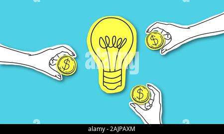 Prospettiva modo di investire il denaro. Le mani con il simbolo del dollaro monete attorno al giallo lampadina luce su sfondo blu Foto Stock