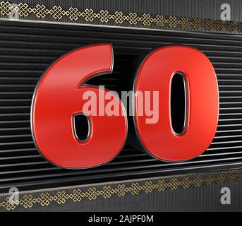 Numero rosso 60 (numero sessanta) con simboli d'oro nodo infinito. 3D illustrazione Foto Stock