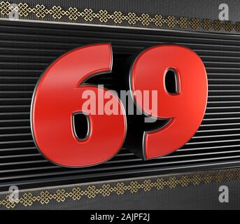 Numero rosso 69 (numero sessantanove) con simboli d'oro nodo infinito. 3D illustrazione Foto Stock