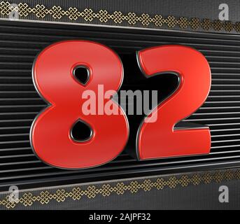 Numero rosso 82 (numero ottanta-due) con simboli d'oro nodo infinito. 3D illustrazione Foto Stock