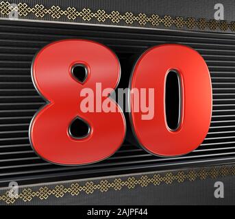 Numero rosso 80 (numero ottanta) con simboli d'oro nodo infinito. 3D illustrazione Foto Stock