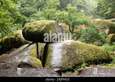 Le Chaos de Rochers o il caos di rocce - accozzaglia di centinaia di grandi massi nella foresta di Huelgoat, Bretagna Francia Foto Stock