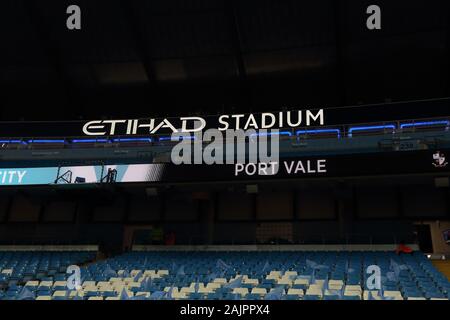 Manchester, Regno Unito. 4 gennaio, 2020. Una vista generale all'interno dell'Etihad Stadium, casa a Manchester City FC. Foto Stock