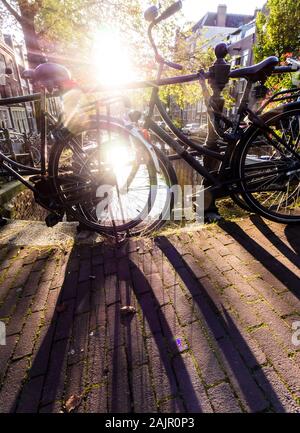 Le biciclette parcheggiate su un ponte sul canale di Amsterdam del vecchio quartiere Jordaan (Egelantiersgracht) Foto Stock