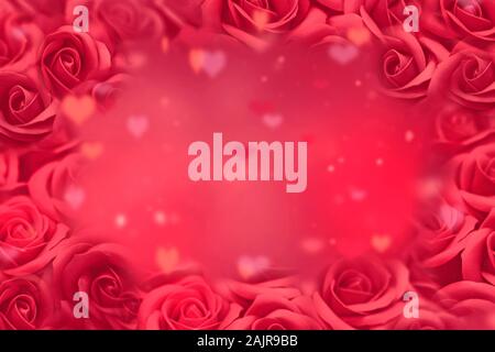 Il giorno di San Valentino sfondo- rose rosse e cuori Blured su Abstract sfondo romantico. Il giorno di San Valentino del concetto. Foto Stock