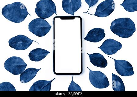 Festosa piatto floreale composizione laici telefono cellulare con schermo vuoto e colorato di foglie di eucalipto su sfondo bianco, vista dall'alto. Foto Stock