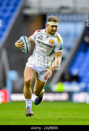 READING, Regno Unito. 05th, 2020 gen. Sam Hill Exeter Chiefs in azione durante la Premiership Gallagher partita di rugby tra il London Irish vs Exeter Chiefs al Madejski Stadium di Domenica, 05 gennaio 2020. Londra Inghilterra . (Solo uso editoriale, è richiesta una licenza per uso commerciale. Nessun uso in scommesse, giochi o un singolo giocatore/club/league pubblicazioni.) Credito: Taka G Wu/Alamy Live News Foto Stock