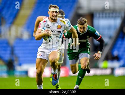 READING, Regno Unito. 05th, 2020 gen. Sam Hill Exeter Chiefs punteggi a provare durante la Premiership Gallagher partita di rugby tra il London Irish vs Exeter Chiefs al Madejski Stadium di Domenica, 05 gennaio 2020. Londra Inghilterra . (Solo uso editoriale, è richiesta una licenza per uso commerciale. Nessun uso in scommesse, giochi o un singolo giocatore/club/league pubblicazioni.) Credito: Taka G Wu/Alamy Live News Foto Stock