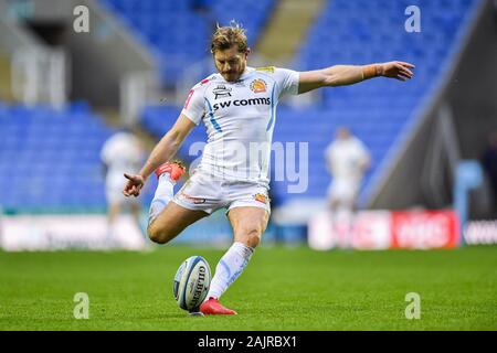 READING, Regno Unito. 05th, 2020 gen. Gareth Stevenson Exeter Chiefs prende una conversione kick durante la Premiership Gallagher partita di rugby tra il London Irish vs Exeter Chiefs al Madejski Stadium di Domenica, 05 gennaio 2020. Londra Inghilterra . (Solo uso editoriale, è richiesta una licenza per uso commerciale. Nessun uso in scommesse, giochi o un singolo giocatore/club/league pubblicazioni.) Credito: Taka G Wu/Alamy Live News Foto Stock