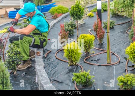 L' Irrigazione il lavoro eseguito da professionali sistemi di irrigazione giardino tecnico. Industria paesaggistica. Foto Stock