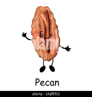 Noci pecan tagliate a dado. illustrazione. Carino simpatico personaggio di noce isolata su uno sfondo bianco. Foto Stock