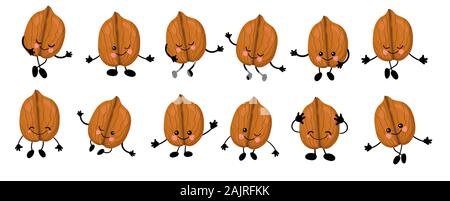 Noce. una grande serie di simpatici personaggi i dadi con le mani e gli occhi. Cartoon di frutta o di ortaggi e legumi. Utili cibo vegan. Isolato su sfondo bianco. Foto Stock