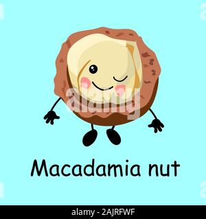 Noce macadamia. Carino il carattere del dado con le mani e gli occhi. Cartoon di frutta o di ortaggi e legumi. Utili cibo vegan. Foto Stock