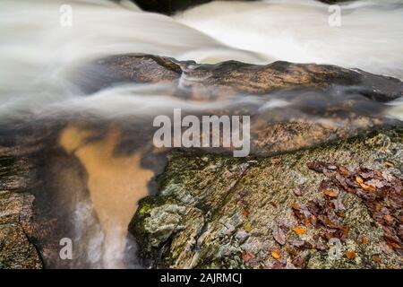 Vista ravvicinata del Fiume Fowey in esecuzione attraverso boschi e su massi a Golitha Falls National natura Rerserve Foto Stock