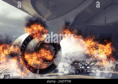 Piano di messa a terra in aeroporto sperimenta un guasto catastrofico evento ha provocato dal motore di masterizzazione, vigili del fuoco e del fumo Foto Stock