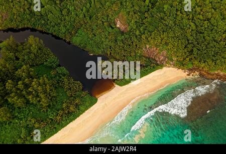 Paesaggio Panoramatic Seychelles Island Mahe in Oceano Indiano, splendido mare blu con Onde, spiagge di sabbia e il verde della foresta nel paradiso tropicale. T Foto Stock