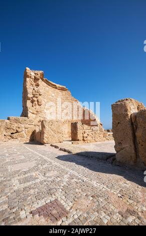 I resti della parete semicircolare e il mosaico in antica casa romana di Teseo. Paphos parco archeologico. Cipro Foto Stock