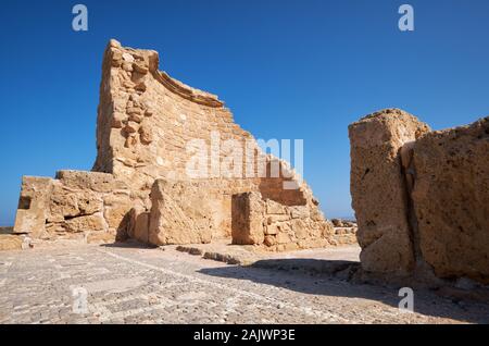 I resti della parete semicircolare e il mosaico in antica casa romana di Teseo. Paphos parco archeologico. Cipro Foto Stock