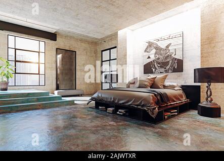 Moderna camera da letto loft interni. 3D rendering concept Foto Stock