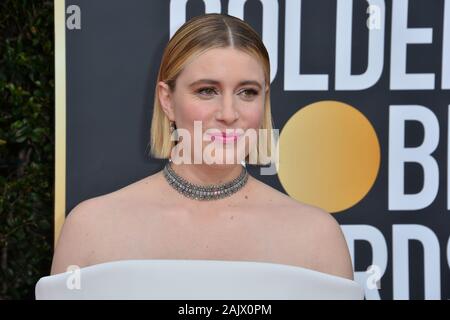 LOS ANGELES, Stati Uniti d'America. 05 gennaio 2020: Greta Gerwig arrivando al 2020 Golden Globe Awards presso il Beverly Hilton Hotel. Immagine: Paul Smith/Featureflash Foto Stock