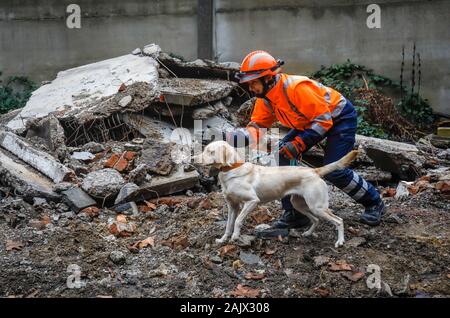 Herne, Renania settentrionale-Vestfalia, Germania - Salvataggio di addestramento del cane in ruderi di edifici crollati, il tracking cani pratica la ricerca di feriti, buri Foto Stock