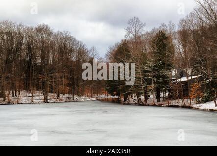 Quasi il laghetto congelato nella zona suburbana di Baldwinsville, New York su una cortina di nubi inverno mattina Foto Stock