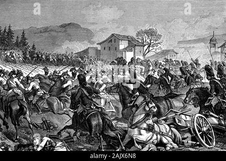 Battaglia di Stockach, Germania. Esercito del Danubio, 25 marzo 1799, la guerra della seconda coalizione. Vittoria austriaca. Illustrazione di antiquariato. 1890. Foto Stock