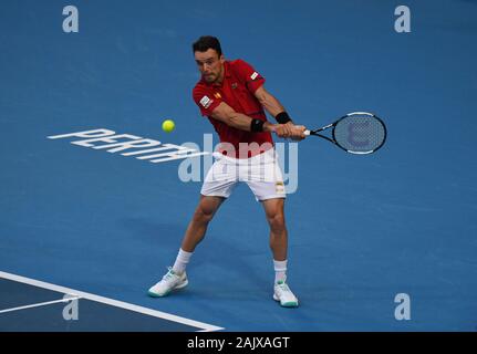 Perth Western Australia ATP CUP Spagna v, Uruguay. 06 gen 2012. Roberto Bautista Agut (ESP) batte Franco Roncadelli (URU) Credito: Roger Parker/Alamy Live News Foto Stock