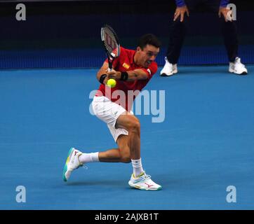 Perth Western Australia ATP CUP Spagna v, Uruguay. 06 gen 2012. Roberto Bautista Agut (ESP) batte Franco Roncadelli (URU) Credito: Roger Parker/Alamy Live News Foto Stock