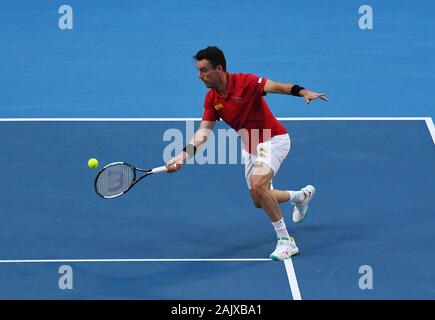 Perth Western Australia ATP CUP Spagna v, Uruguay. 06 gen 2012. Roberto Bautista Agut (ESP) batte Franco Roncadelli (URU) Credito: Roger Parker/Alamy Live News Foto Stock