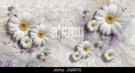 3d wallpaper, chamomiles e perle su sfondo marmo. Bianco Fiori a margherita Foto Stock