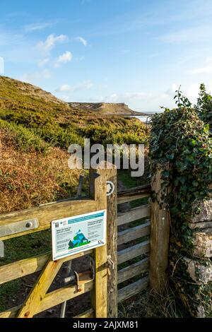 Riserva naturale di gate e stile di Overton semplice e Cliff. Port Eynon, Penisola di Gower, Galles Foto Stock