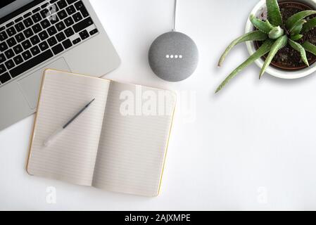 Ad Amburgo in Germania dal 6 Gennaio 2020: utilizzando google assistant sulla home page di Google mini smart speaker sulla scrivania con computer laptop, pianta in vaso e blocco note Foto Stock