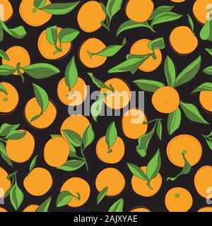 Tangerine colorato e vivace disegno vettoriale Seamless Pattern su sfondo nero. Design Mandarina Wallpaper Illustrazione Vettoriale