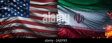 Stati Uniti d'America vs Iran, bandiere iraniane affiancati. fiamma Flags of America e Iran, iraniana. Foto Stock