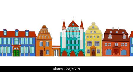 Seamless pattern di riga di case isolate su sfondo bianco. Strada con case colorate, frontiera senza giunture, urban, la città vecchia e il quartiere. Vettore di Piana Illustrazione Vettoriale