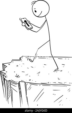 Vector cartoon stick figura disegno illustrazione concettuale dell'uomo usando app di navigazione sullo smartphone. Seguire ciecamente il percorso conduce a cadere dalla scogliera. Concetto di navigazione. Illustrazione Vettoriale