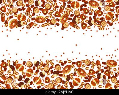 Scatola di cioccolatini telaio del choco caramelle su sfondo bianco. Scatola di cioccolatini banner, vista dall'alto, laici piatta con elementi decorativi. Chocolats candy Illustrazione Vettoriale