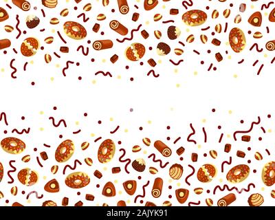 Scatola di cioccolatini telaio del choco caramelle su sfondo bianco. Scatola di cioccolatini banner, vista dall'alto, laici piatta con elementi decorativi. Chocolats candy Illustrazione Vettoriale