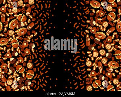 Scatola di cioccolatini telaio del choco caramelle su sfondo nero. Scatola di cioccolatini banner, vista dall'alto, laici piatta con elementi decorativi. Chocolats candy Illustrazione Vettoriale