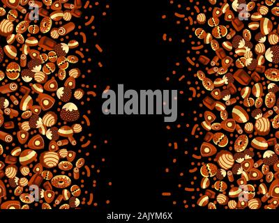 Scatola di cioccolatini telaio del choco caramelle su sfondo nero. Scatola di cioccolatini banner, vista dall'alto, laici piatta con elementi decorativi. Chocolats candy Illustrazione Vettoriale