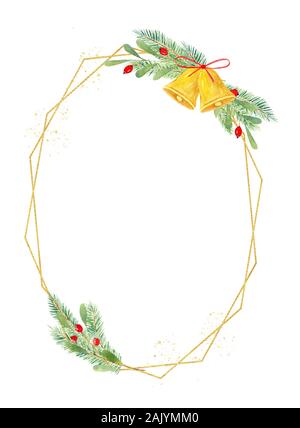 Festosa di forma ovale frame disegnato a mano illustrazione ad acquerello. X-mas composizione con ilex, agrifoglio, vischio con campana e il red ribbon bow. Natale bor Foto Stock