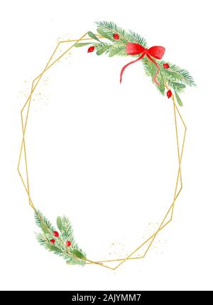 Forma ovale frame disegnato a mano illustrazione ad acquerello. Composizione di natale con botanica elementi di decorazione. Confine di festa con leccio, agrifoglio, mistle Foto Stock