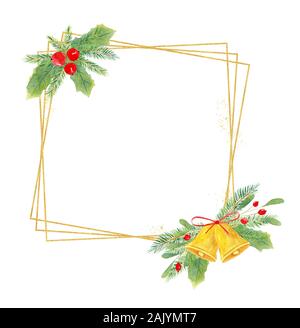 Natale a telaio quadrato disegnati a mano illustrazione ad acquerello. Festosa cornice rettangolare con botanica elementi di decorazione. X-mas composizione con ilex, Foto Stock