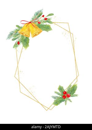 Golden poligonale telaio di natale con elementi botanici. Festosa stagione invernale composizione con con leccio, agrifoglio, vischio, bacche rosse e le campane ha Foto Stock